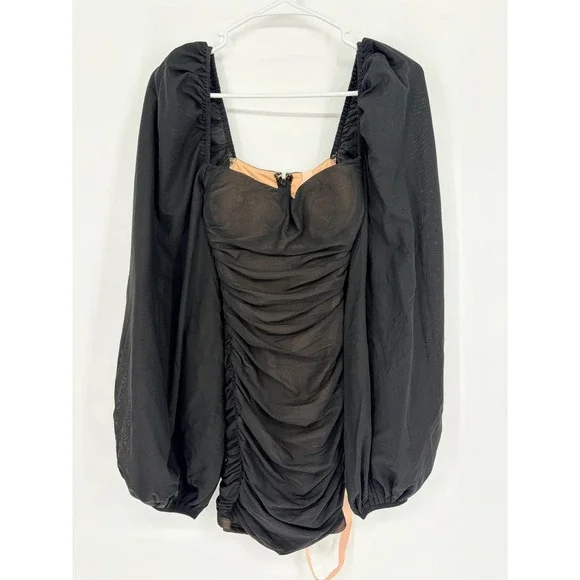 NWT Oh Polly Feeling Good Long Time Puff Sleeve Ruched Mesh Mini Dress  Black XS